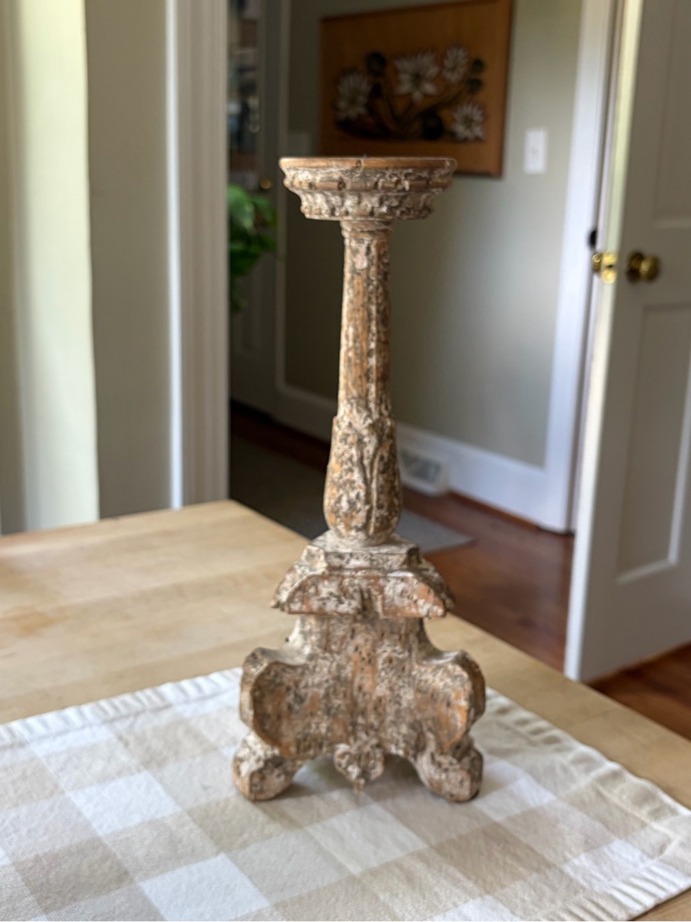 Antique Baroque Hand Carved Whitewashed Wooden Candlestick